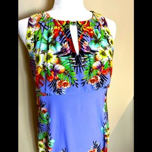 ECI NYC Bright TROPICAL Purple Floral Print Keyhole Neck Jersey Dress Size 14